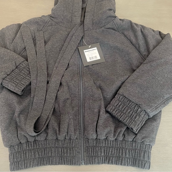 $365 Norma Kamali Hooded Zip Bomber Jacket Dark Heather Gray Pockets XXS OR XS - Picture 10 of 16